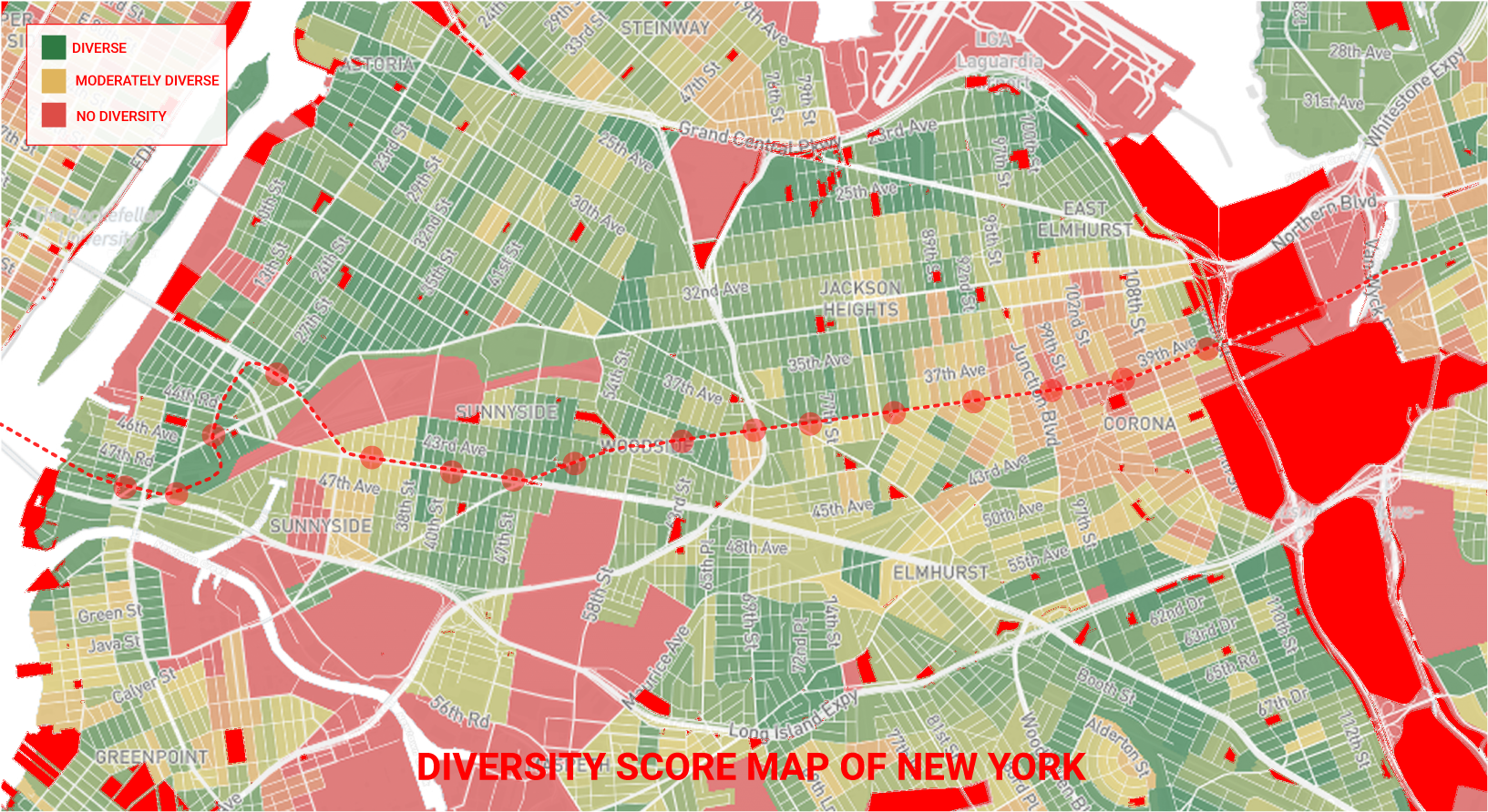 "Map of Diversity Score in Queens Along the 7 Line"